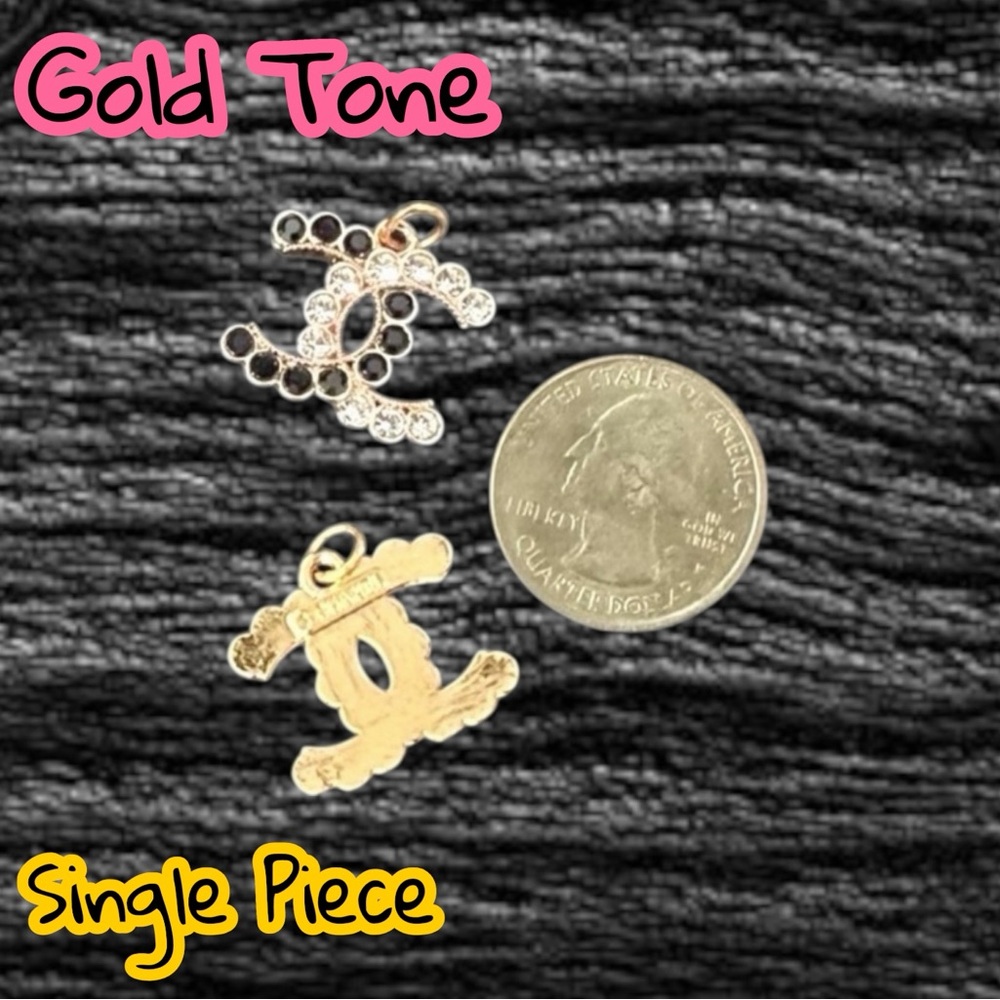 Single Piece Black/White Rhinestone Logo CC Gold Tone Zipper Pull Charm